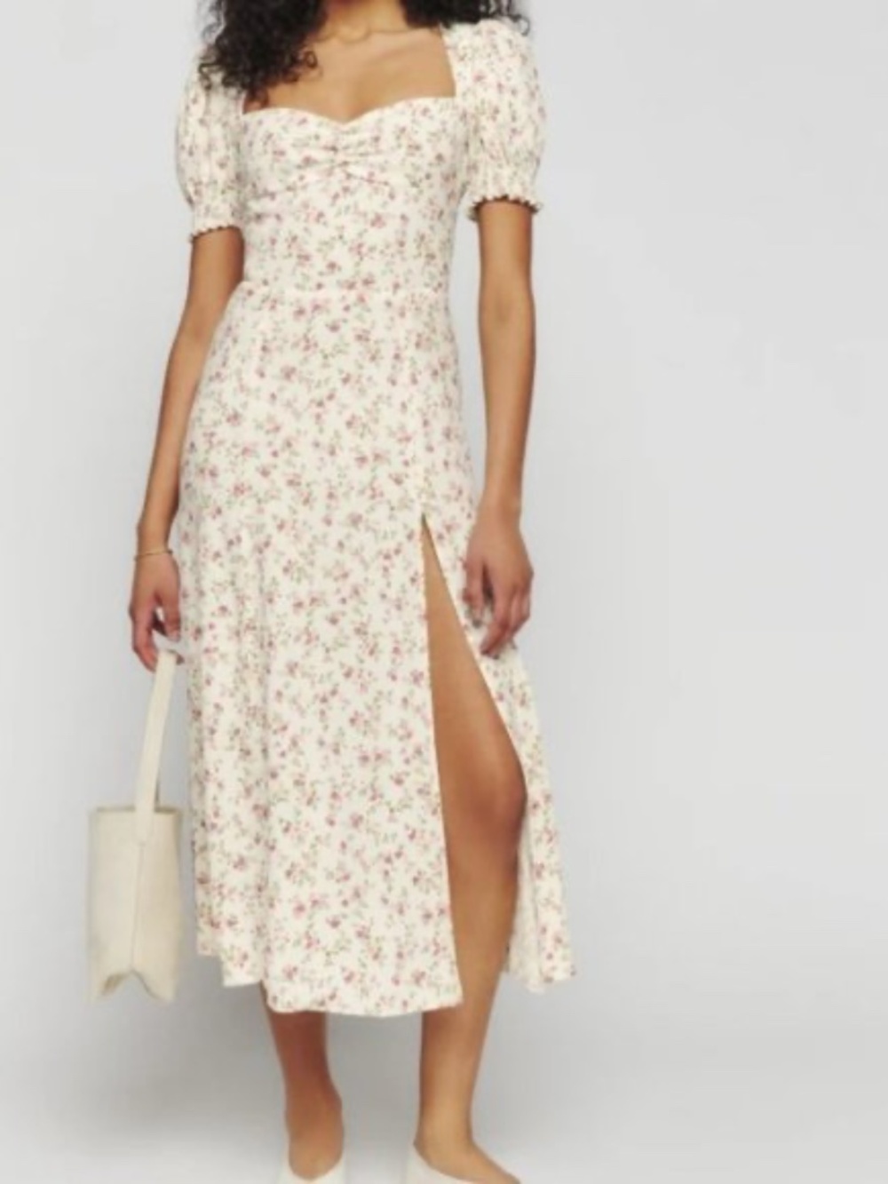 Reformation Lacey Cream Midi Dress with Pink Floral Print